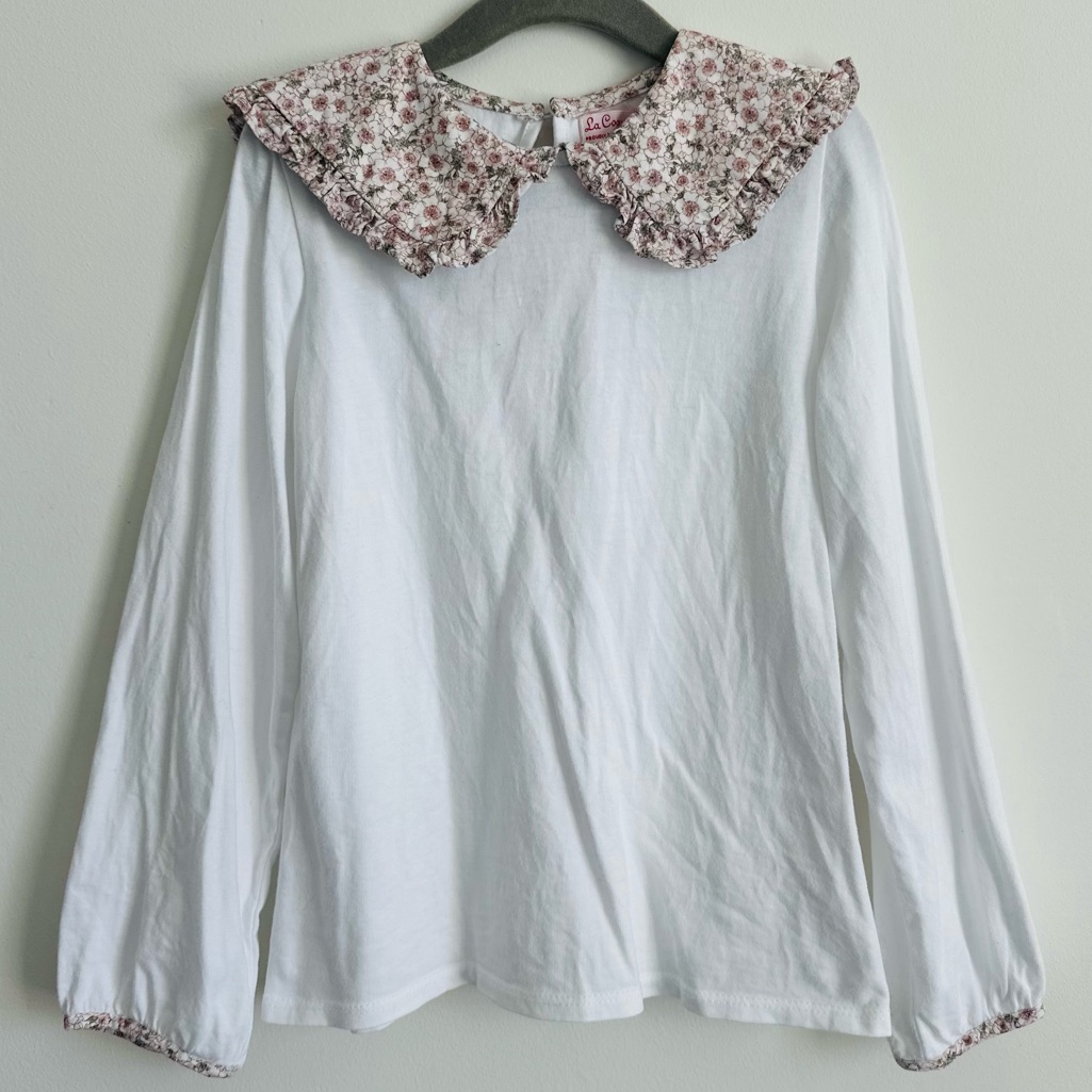 Girls White Long-Sleeve Top With Floral Peter Pan Collar